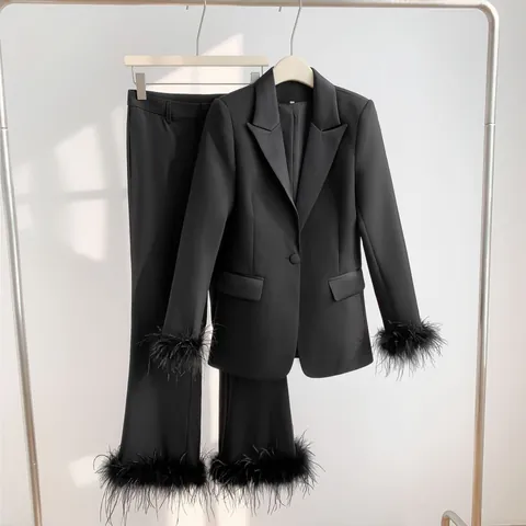 Women Feather Trim Blazer Pants Set Elegant Solid Color Single Button Lapel Irregular Hem Two Piece Top And Bottom Suit Outfit