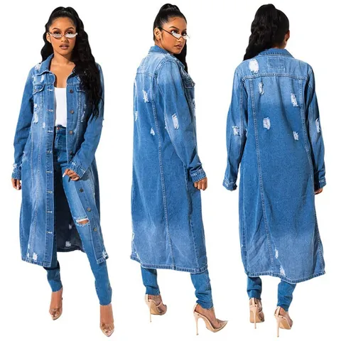 Women Long Denim Trench Coat Distressed Washed Jeans Outerwear Single Breasted Lapel Long Sleeve Denim Jacket Streetwear