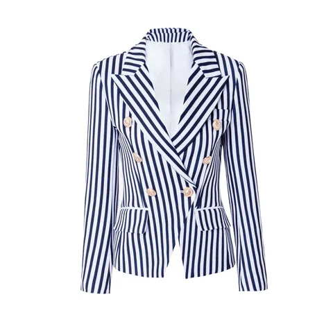 Chaqueta Americana Vintage a Rayas para Mujer Doble Botonadura Botones Dorados Corte Ajustado Poliéster Oficina Casual Top