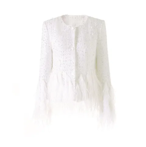 Women French Style Elegant Tweed Jacket White Wool Blend Short Top With Feather Fringe Sequins For Party Celebrity Slim Outerwear