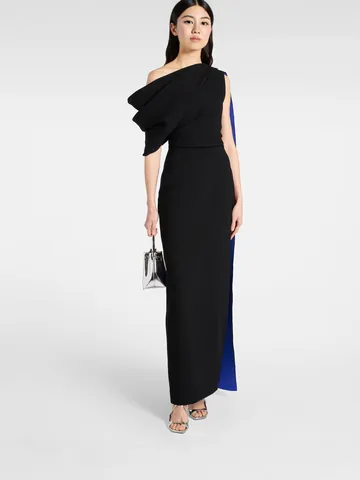 Vestido de Noche para Mujer con Hombros Descubiertos Empalmado Azul Negro Bloque de Color Ajustado Cintura Alta Maxi Largo