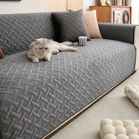 Ultrasonic Embossed Holland Velvet Sofa Cushion Non-Slip Wear-Resistant Modern Minimalist Decorative Sofa Cover Throw Khaki Grey