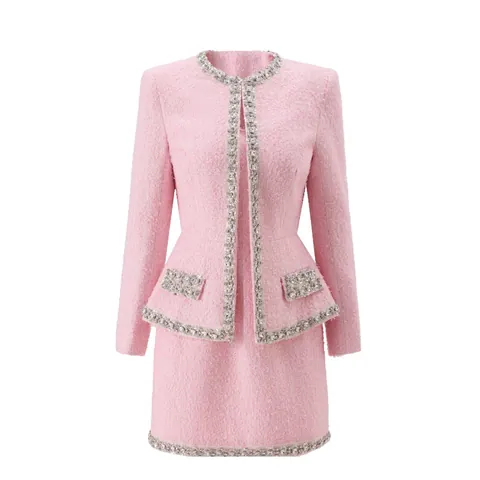 Women Elegant Pink Tweed Top And Bottom Rhinestone Trim Jacket And Skirt Set Sweet High End Socialite Style Suit