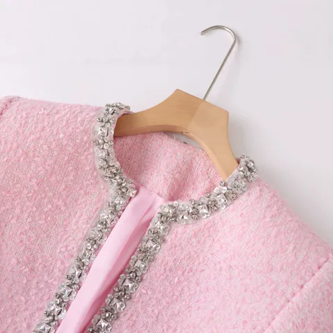 Women Elegant Pink Tweed Top And Bottom Rhinestone Trim Jacket And Skirt Set Sweet High End Socialite Style Suit