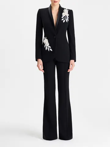 Women Elegant 3D Floral Embroidery Black Suit Set Top And Bottom Slim Fit Business Blazer And Flare Pants Set Commute Style