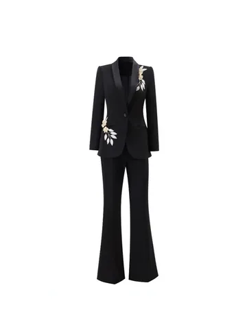 Women Elegant 3D Floral Embroidery Black Suit Set Top And Bottom Slim Fit Business Blazer And Flare Pants Set Commute Style