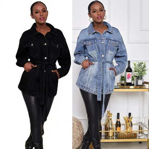Chaqueta Vaquera de Largo Medio para Mujer Abrigo Cortavientos Casual Con Cinturón de Lazo Color Sólido Manga Larga Abotonada