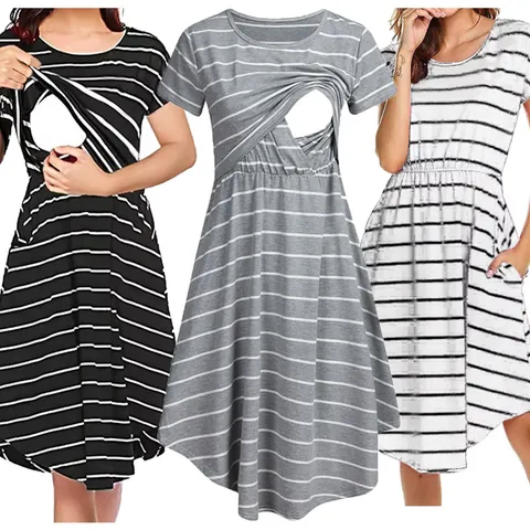 Maternity Nursing Dress Short Sleeve Casual Striped Pregnancy Clothes Midi Dress Breastfeeding Women Apparel