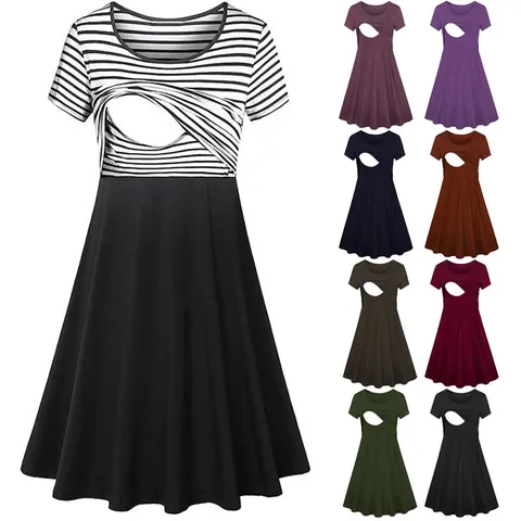 Robe de Maternité pour Femmes Robe d'Allaitement Été Manches Courtes Col Rond Patchwork Trapèze Grossesse Midi