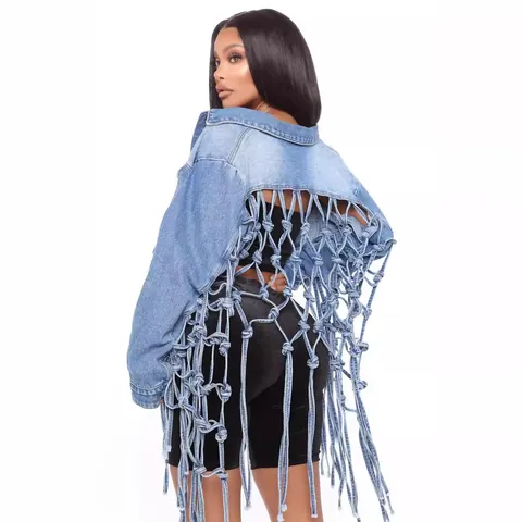 Veste en Jean Courte Bleu Clair pour Femmes avec Dos en Maille à Glands Coupe Ample Manches Longues Manteau en Jean Streetwear