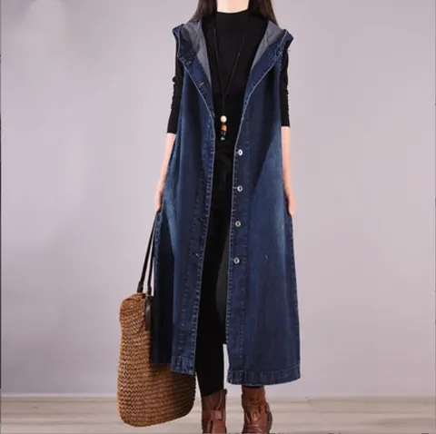 Women's Artistic Loose Plus Size Maxi Denim Sleeveless Hooded Dress Single-Breasted Washed Denim Vest Outerwear Dress