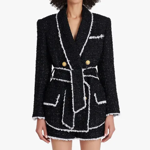 Women Elegant Tweed Slim Fit Blazer Mid-Length Urban Style Coat With Gold Buttons And Fringed Edges Luxury Long Sleeve Outerwear