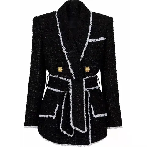 Women Elegant Tweed Slim Fit Blazer Mid-Length Urban Style Coat With Gold Buttons And Fringed Edges Luxury Long Sleeve Outerwear