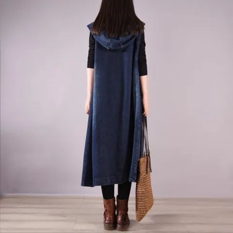 Women's Artistic Loose Plus Size Maxi Denim Sleeveless Hooded Dress Single-Breasted Washed Denim Vest Outerwear Dress