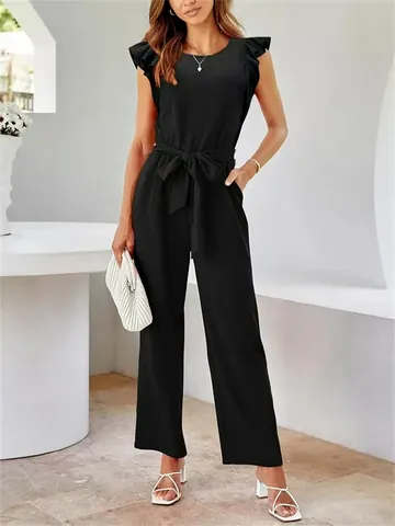Women's Elegant Black Sleeveless Jumpsuit Ruffle Fly Sleeve Tie Waist Straight Wide Leg Long Pant Jumpsuit For Office Casual Daily