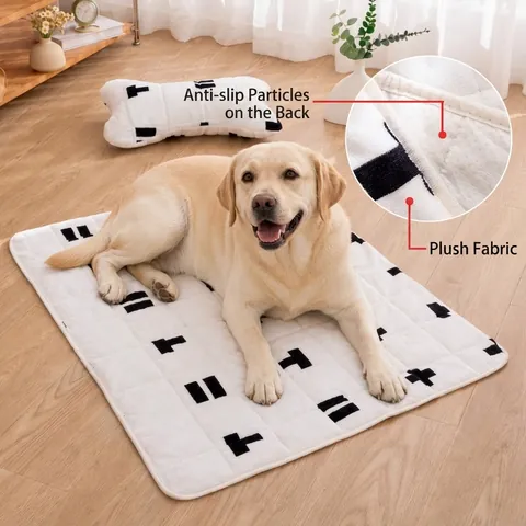Soft Plush Pet Mat Bone Pillow Set Non-slip Washable Warm Dog Bed Pad Geometric Grid Sofa Protector For Dogs Cats