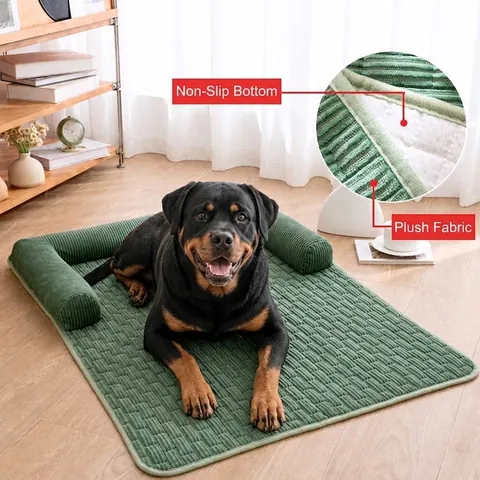 Corduroy Plush Pet Sofa Protector Bed Mat with U-Shaped Bolster Quilted Dog Couch Cover Washable Warm Non-Slip Indoor Furniture Protector