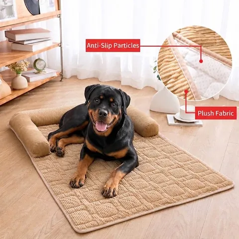 Corduroy Plush Pet Sofa Mat Dog Bed Furniture Protector With Non-slip Bolster Quilted Grid Pattern Mattress For Dogs Cats