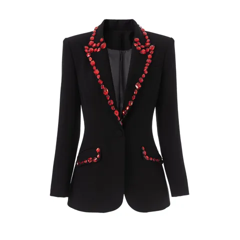 Women Luxury Black Blazer Jacket With Red Rhinestone Beaded Lapel Slim Fit Fashion Party Prom Evening Outerwear Top