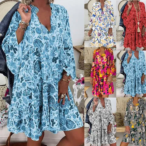 Women V Neck 3/4 Sleeve Floral Print Bohemian Midi Dress Plus Size Loose Smocked Ruffle Hem Casual Vacation Dresses