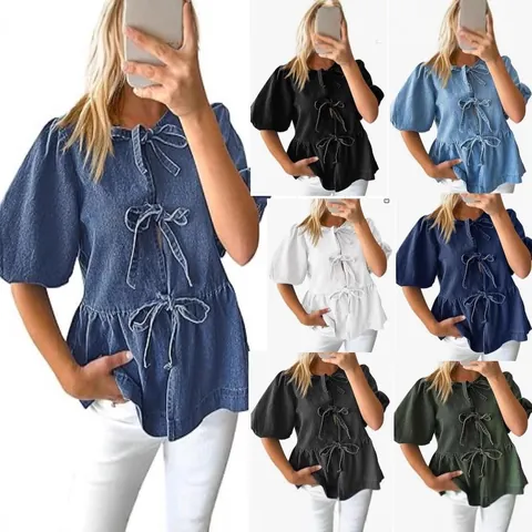 Top Peplum in Look Denim da Donna con Maniche a Sbuffo Casual con Fiocco Manica Corta Camicetta Tinta Unita per Moda Primavera