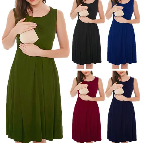 Abito Premaman Senza Maniche da Donna per Allattamento a Righe Patchwork Midi Abito da Gravidanza Girocollo Prendisole