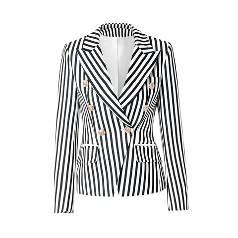 Chaqueta Americana Vintage a Rayas para Mujer Doble Botonadura Botones Dorados Corte Ajustado Poliéster Oficina Casual Top