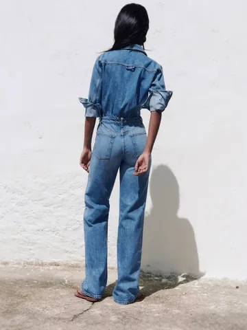 Women Denim Long Sleeve Jumpsuit Lapel Single Breasted High Waist Casual Streetwear Romper Jeans Overalls With Patch Pockets