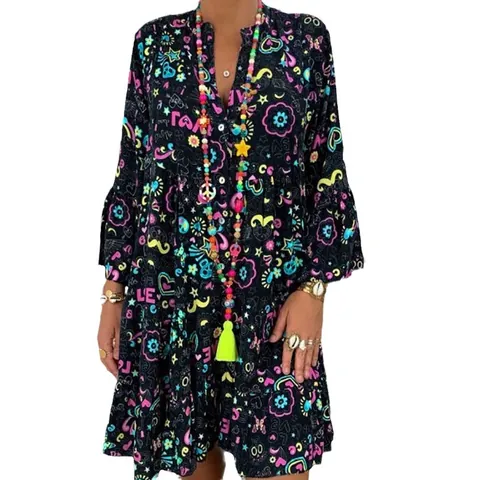 Women V Neck 3/4 Sleeve Floral Print Bohemian Midi Dress Plus Size Loose Smocked Ruffle Hem Casual Vacation Dresses