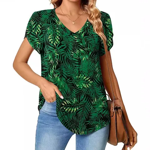 Camiseta de Mujer con Cuello en V y Mangas de Pétalo Top Casual Holgado con Estampado Floral Paisley de Rayón Acanalado