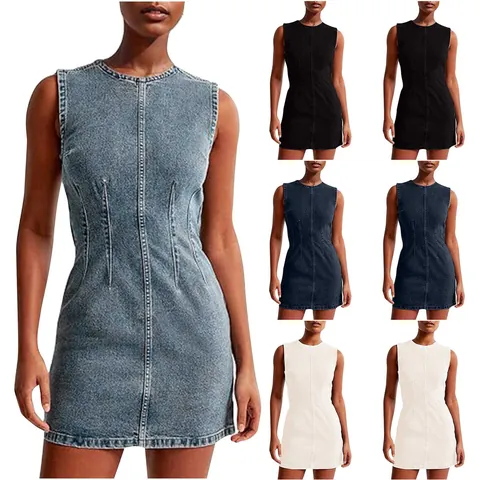 Women Round Neck Sleeveless Denim Dress Summer High Waist Bodycon Midi Jean Dress Solid Color Slim Fit Fashion Streetwear