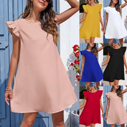 Abito Estivo da Donna con Maniche a Volant Tinta Unita Girocollo Linea A Mini Prendisole Dolce Casual Vacanza Abbigliamento Quotidiano