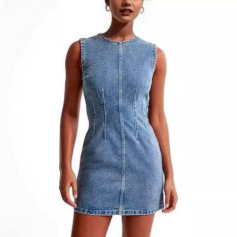 Women Round Neck Sleeveless Denim Dress Summer High Waist Bodycon Midi Jean Dress Solid Color Slim Fit Fashion Streetwear