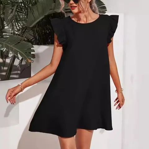 Abito Estivo da Donna con Maniche a Volant Tinta Unita Girocollo Linea A Mini Prendisole Dolce Casual Vacanza Abbigliamento Quotidiano