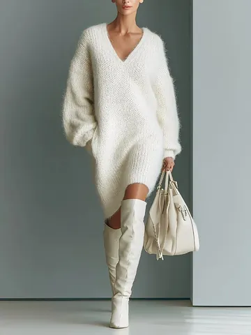 Women's Casual V-neck Knitted Sweater Dress Oversized Long Lantern Sleeve Rabbit Fur Thick Warm White Mini Dress Autumn Winter