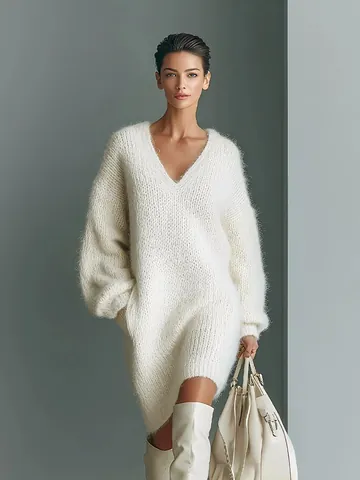 Women's Casual V-neck Knitted Sweater Dress Oversized Long Lantern Sleeve Rabbit Fur Thick Warm White Mini Dress Autumn Winter