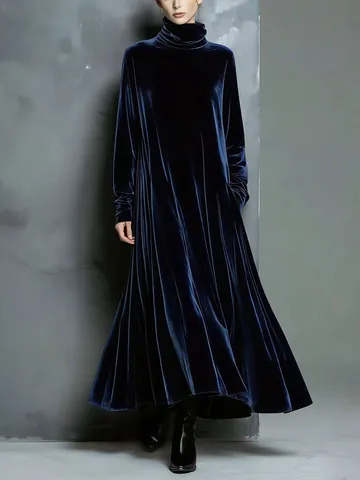 Women Elegant Velvet Texture High Neck Maxi Dress Long Sleeve A-Line Swing Party Dress Solid Color Autumn Winter Flowy Long Robe