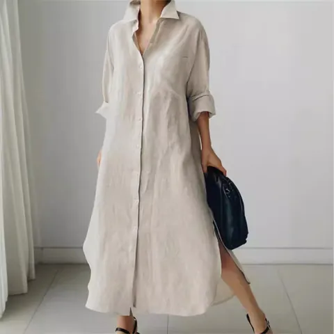 Vestido Camisero de Lino y Algodón Casual para Mujer Manga Larga Abotonado Vestido Largo Holgado Con Aberturas Laterales Oficina