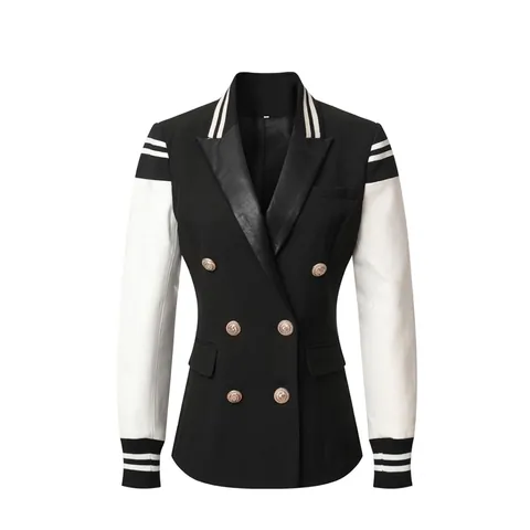 Chaqueta Blazer de Mujer de Ajuste Delgado con Doble Botonadura Estilo Preppy Manga de Contraste Ropa de Abrigo de Viaje Con Botones de León Dorado