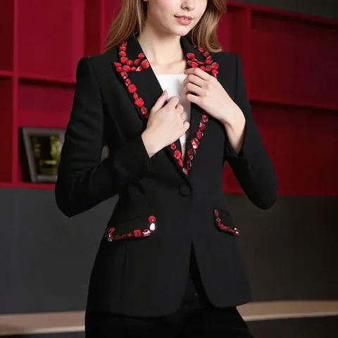 Women Luxury Black Blazer Jacket With Red Rhinestone Beaded Lapel Slim Fit Fashion Party Prom Evening Outerwear Top