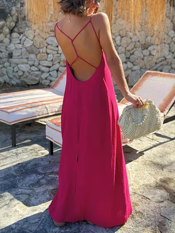 Vestido Largo Espalda Descubierta Verano Mujer Holgado Tirantes V Cuello Sin Mangas Playa Vacaciones Empalme Poliéster Spandex Vestido Sol