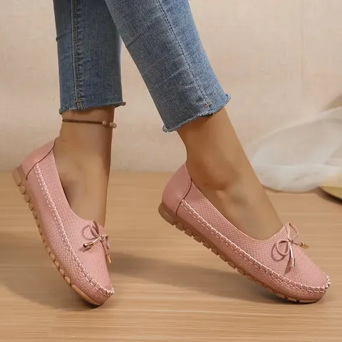 Damen Casual PU-Leder Schleife Flache Loafer Bequeme Einfarbige Ballerinas Rund Kappe Rutschfest Weiche Sohle Slip-On Kleiderschuhe
