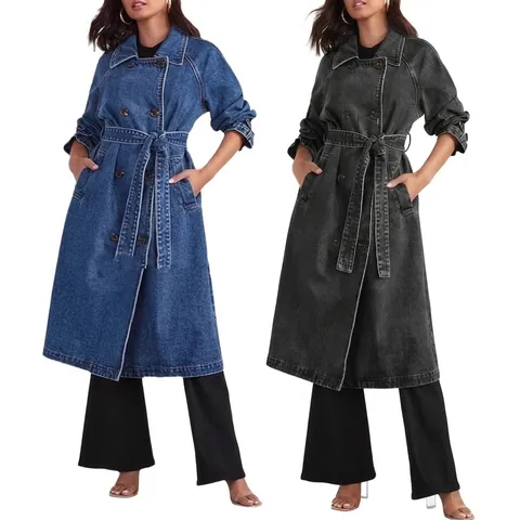 Women Long Denim Trench Coat Double Breasted Button Belted Loose Jacket Casual Autumn Winter Denim Cotton Windbreaker Outerwear