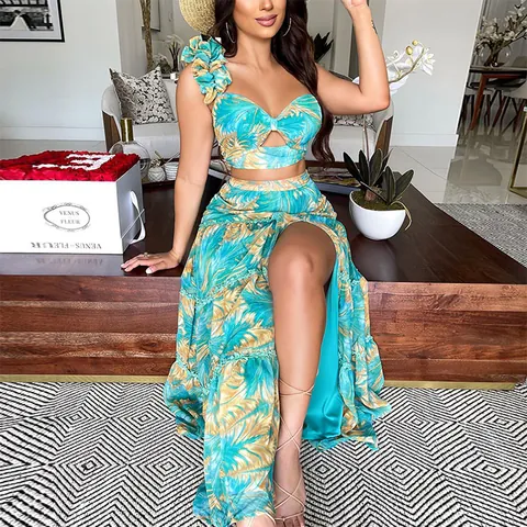Damen Tropisches Palmenblatt-Druck Top And Bottom Ein Schulter Rüschen Crop Top Hoher Schlitz Maxi Rock Zweiteiler Set Kleid