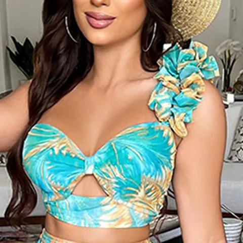 Damen Tropisches Palmenblatt-Druck Top And Bottom Ein Schulter Rüschen Crop Top Hoher Schlitz Maxi Rock Zweiteiler Set Kleid