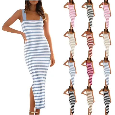 Women's Sleeveless Striped Bodycon Maxi Dress High Waist Sexy Side Slit Tank Top Long Dress Polyester Yarn-Dyed Casual Party Outfit