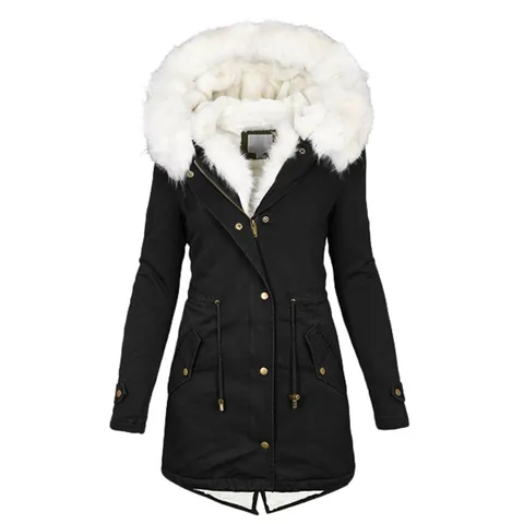 Damen Kapuzen Parka Jacke Großer Kunstfellkragen Taille Mit Kordelzug Fleece Gefütterter Wattierter Wintermantel Taschen Lässige Oberbekleidung