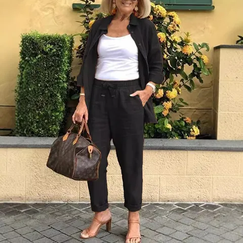 Conjunto Elegante de Blazer y Pantalón para Mujer de Lino y Poliéster en Color Sólido con Botones y Solapa para Oficina Diario Casual