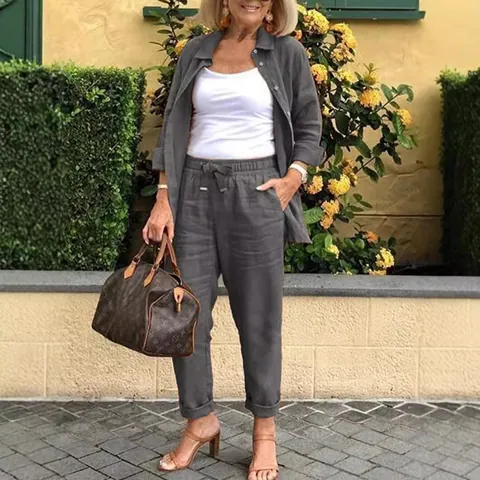 Conjunto Elegante de Blazer y Pantalón para Mujer de Lino y Poliéster en Color Sólido con Botones y Solapa para Oficina Diario Casual