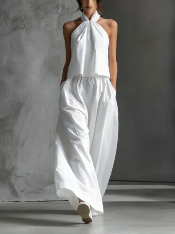 Top Senza Maniche Halter Estivo Da Donna E Pantaloni A Gamba Larga A Vita Alta Minimalisti Tinta Unita Abiti Casual Eleganti